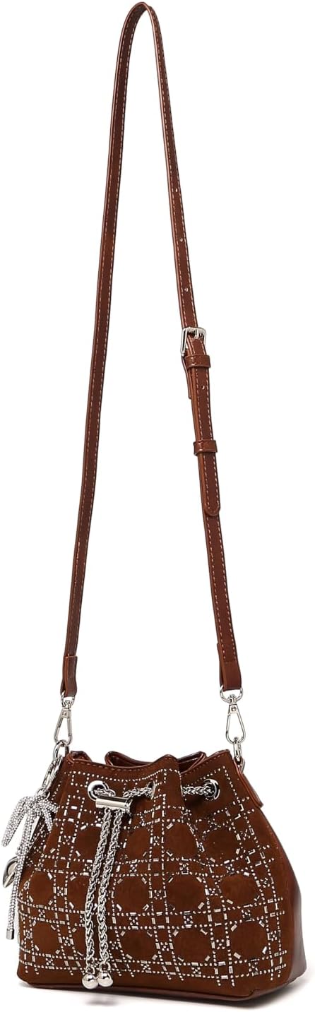 Borsa a secchiello da donna nera con decorazioni in cristallo e motivo a quadri, con coulisse e tracolla regolabile, ideale per la sera.