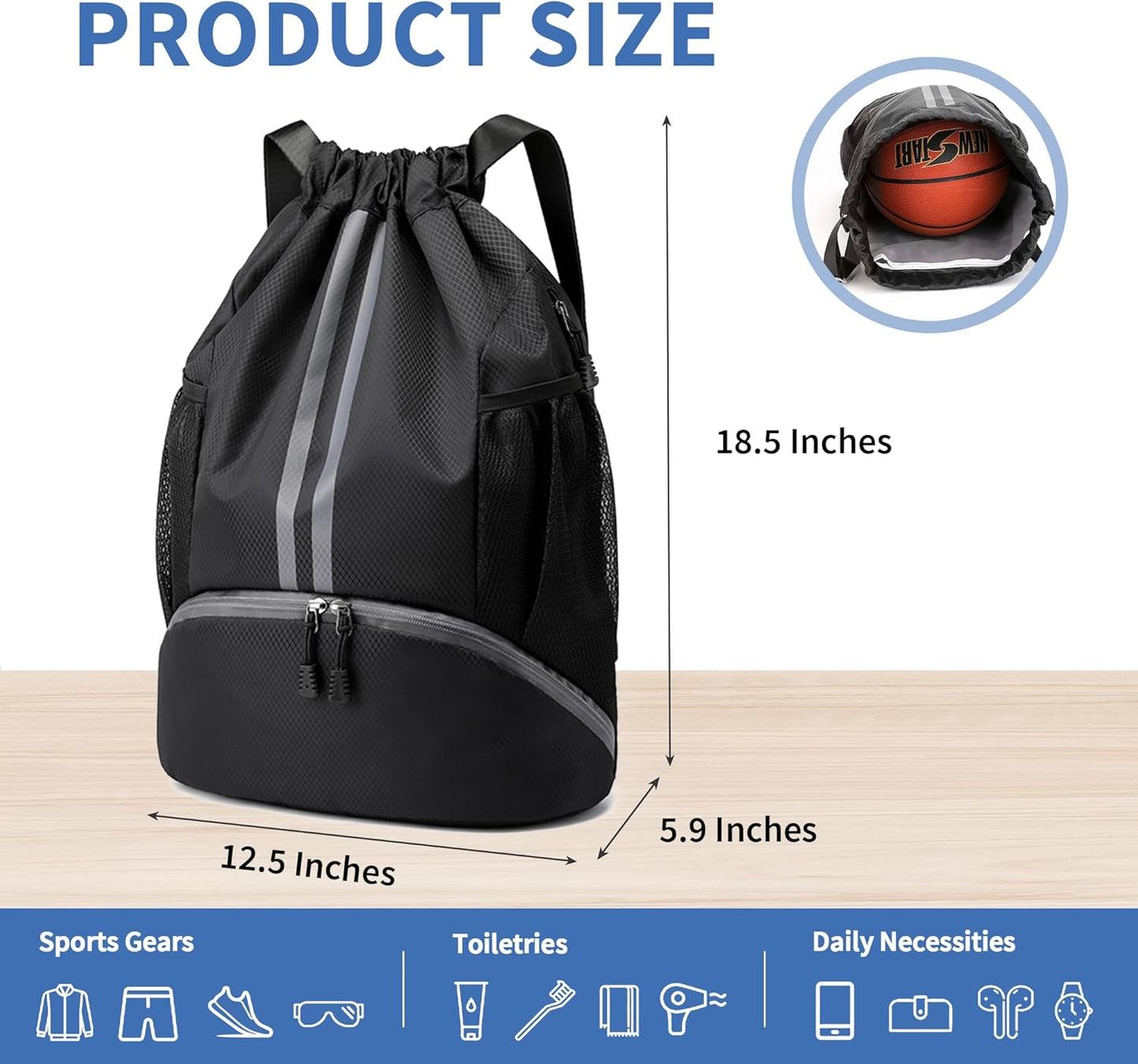 Zaino con coulisse, borsa da palestra con scomparto per scarpe per calcio, basket, nuoto, zaino con coulisse resistente all'acqua per la spiaggia, per uomo