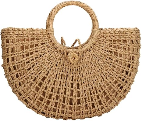 Borse di paglia da donna, borsa a mano in paglia intrecciata a mano con manico ad anello rotondo, borsa tote estiva da spiaggia in rattan