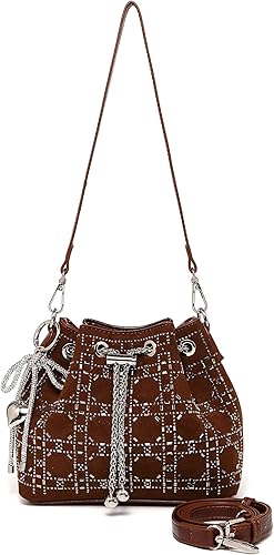 Borsa a secchiello da donna nera con decorazioni in cristallo e motivo a quadri, con coulisse e tracolla regolabile, ideale per la sera.