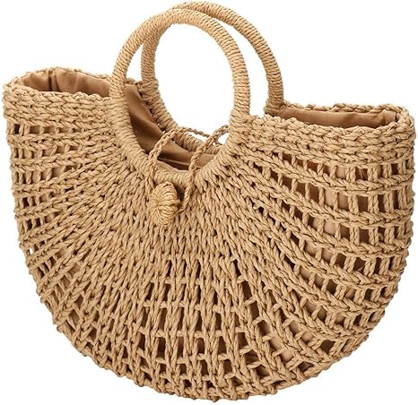 Borse di paglia da donna, borsa a mano in paglia intrecciata a mano con manico ad anello rotondo, borsa tote estiva da spiaggia in rattan