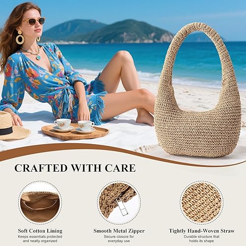 Borsa da spiaggia in paglia da donna, borsa tote estiva per le vacanze, borsa a tracolla hobo per matrimoni in spiaggia e viaggi