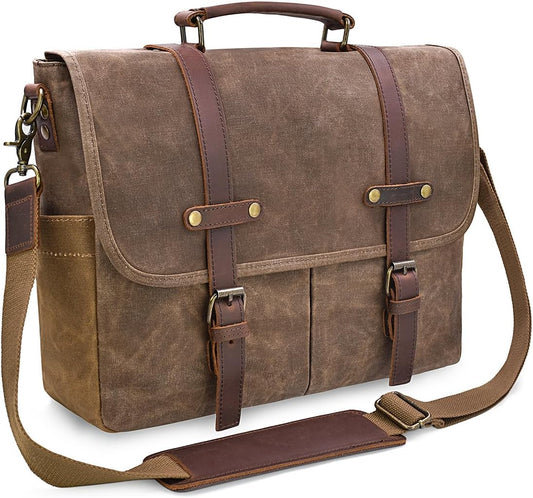 Borsa a tracolla da uomo da 15,6 pollici impermeabile, in vera pelle vintage, tela cerata, grande borsa per computer portatile in pelle, borsa a tracolla robusta.