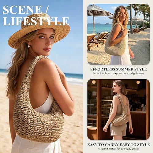 Borsa da spiaggia in paglia da donna, borsa tote estiva per le vacanze, borsa a tracolla hobo per matrimoni in spiaggia e viaggi
